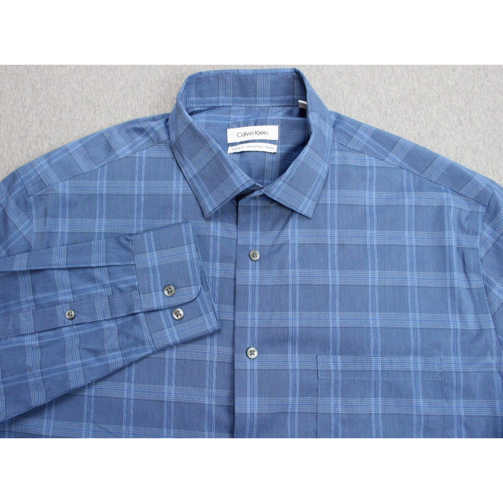 Calvin Klein Shirt Mens Large (16/16.5) Blue Plaid Stretch Regular Fit Button-Up